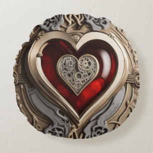 Steampunk Heart – Intricate Mechanical Love  Round Cushion