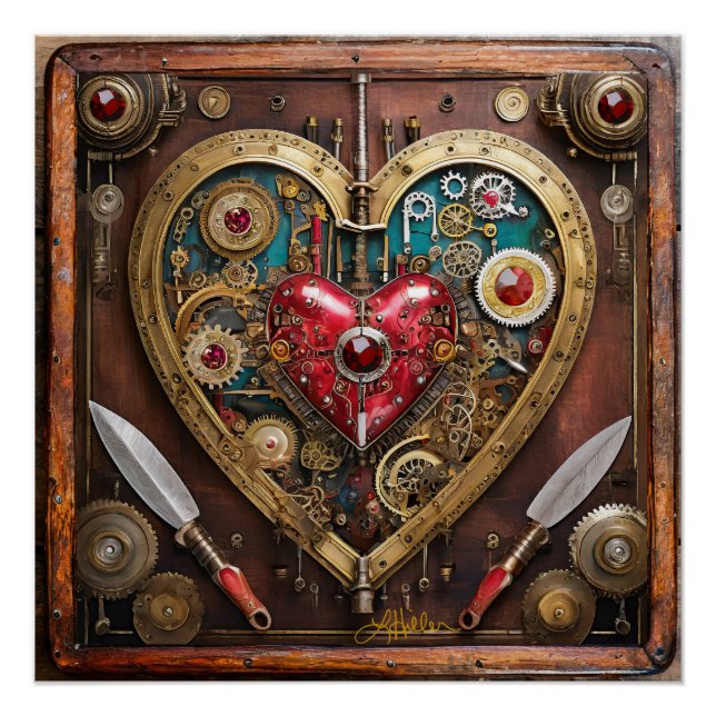 Steampunk Heart Rubies And Daggers For Warriors  Poster (Front)