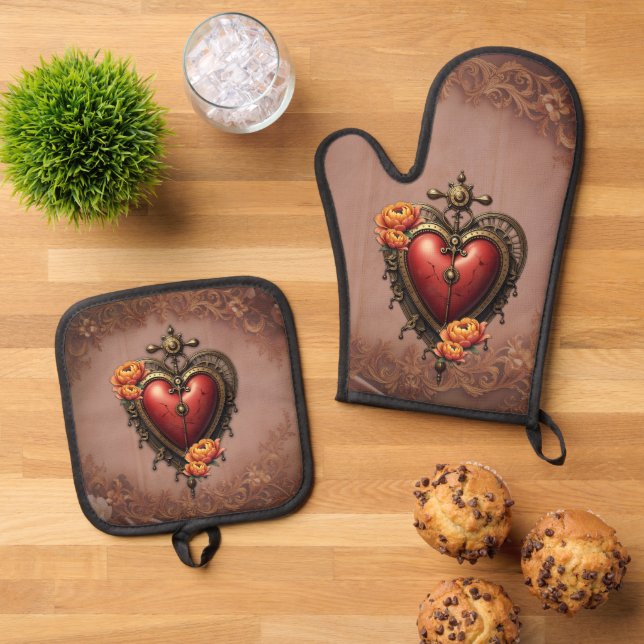Steampunk Heart with Flowers.  Oven Mitt & Pot Holder Set (Top Down)