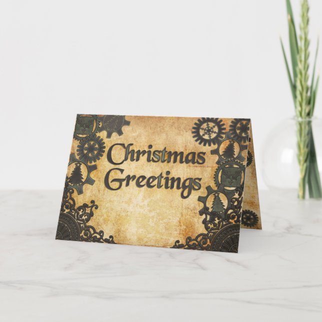 Steampunk Heavy Bronze Christmas Holiday Card (Front)