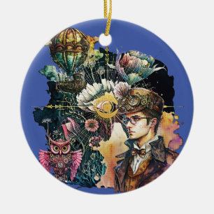 Steampunk Hero - A Collage Ceramic Tree Decoration