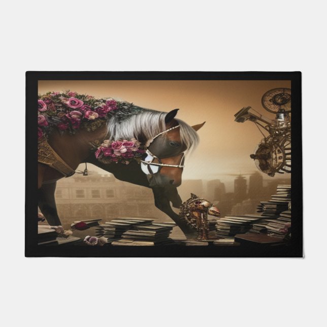 Steampunk horse with roses Door Mat (Front)