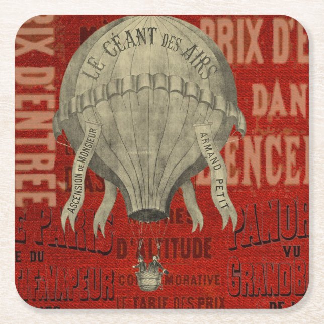 Steampunk Hot Air Ballon Ride Graphic Fonts in Red Square Paper Coaster (Front)