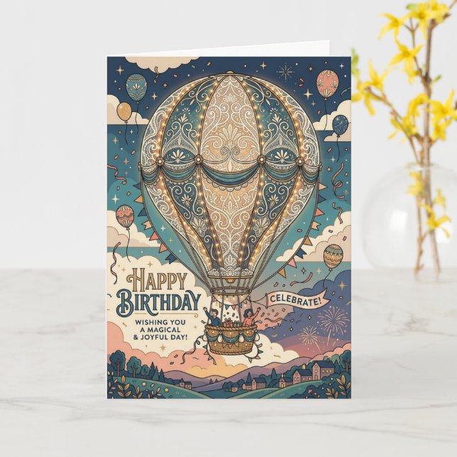 Steampunk Hot Air Balloon Adventure Birthday Card (Yellow Flower)