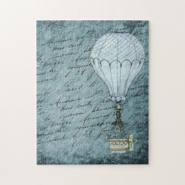 Steampunk Hot Air Balloon Dusk Blue Handwriting Jigsaw Puzzle (Vertical)