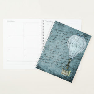 Steampunk Hot Air Balloon Dusk Blue Handwriting Planner