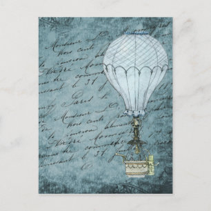 Steampunk Hot Air Balloon Dusk Blue Handwriting Postcard