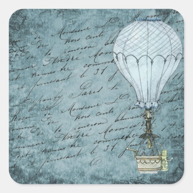 Steampunk Hot Air Balloon Dusk Blue Handwriting Square Sticker (Front)