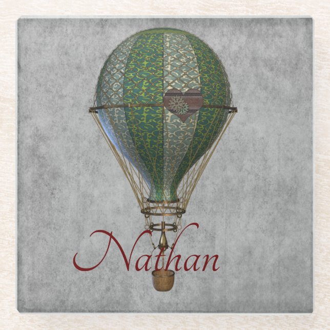 Steampunk Hot Air Balloon Personalised Glass Coaster (Front)