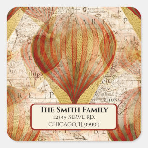 Steampunk Hot Air Balloons Map Return Address Square Sticker