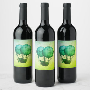Steampunk Hot Air Balloons with Ship Green Wine Label