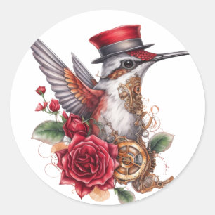 Steampunk Hummingbird with Red Hat and Clockwork Classic Round Sticker