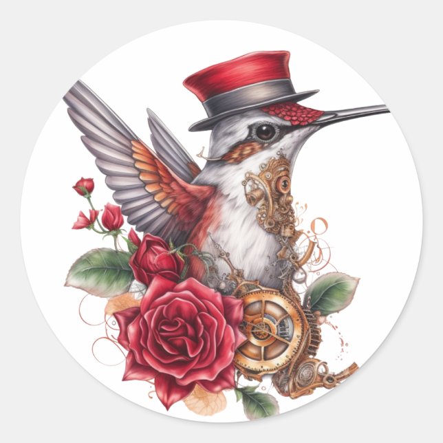 Steampunk Hummingbird with Red Hat and Clockwork Classic Round Sticker (Front)