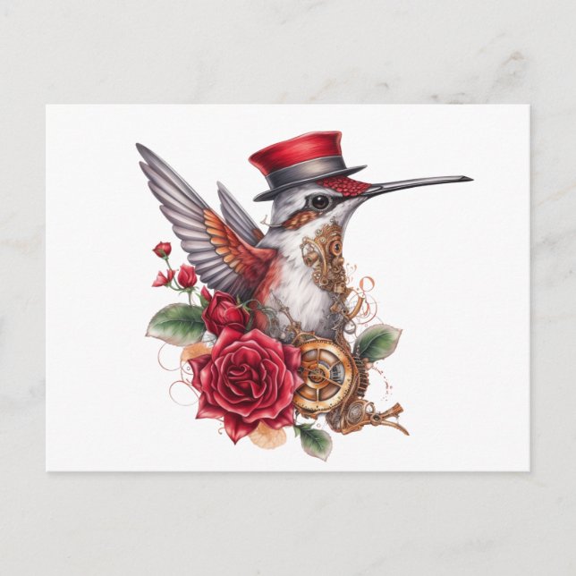 Steampunk Hummingbird with Red Hat and Clockwork Holiday Postcard (Front)
