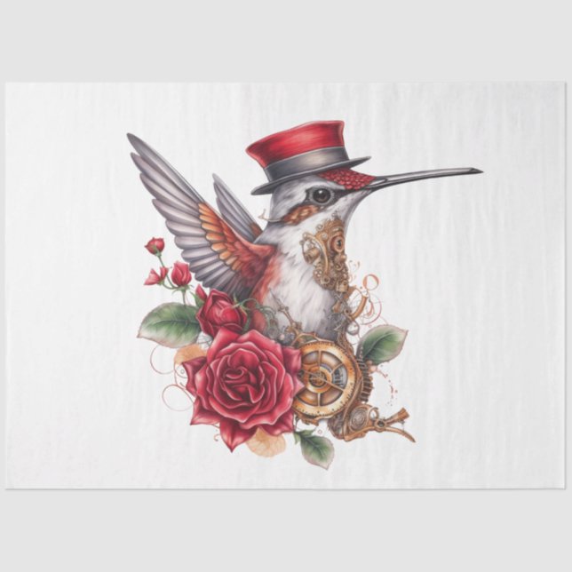 Steampunk Hummingbird with Red Hat and Clockwork Tissue Paper (Front)