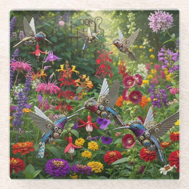 Steampunk Hummingbirds Glass Coaster (Front)