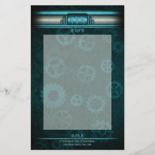 Steampunk, ice-blue on teal gears, Monogram Stationery