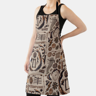 Steampunk Illustrations Pattern Brown Apron