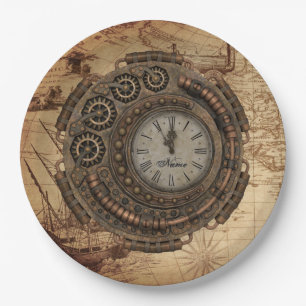 Steampunk Industrial Clock Machinery Vintage Map Paper Plate