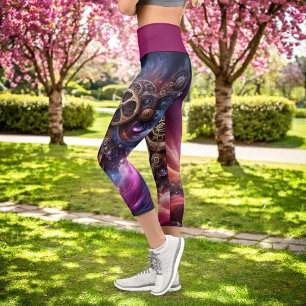 Steampunk Industrial Clockwork Purple and Pink Capri Leggings