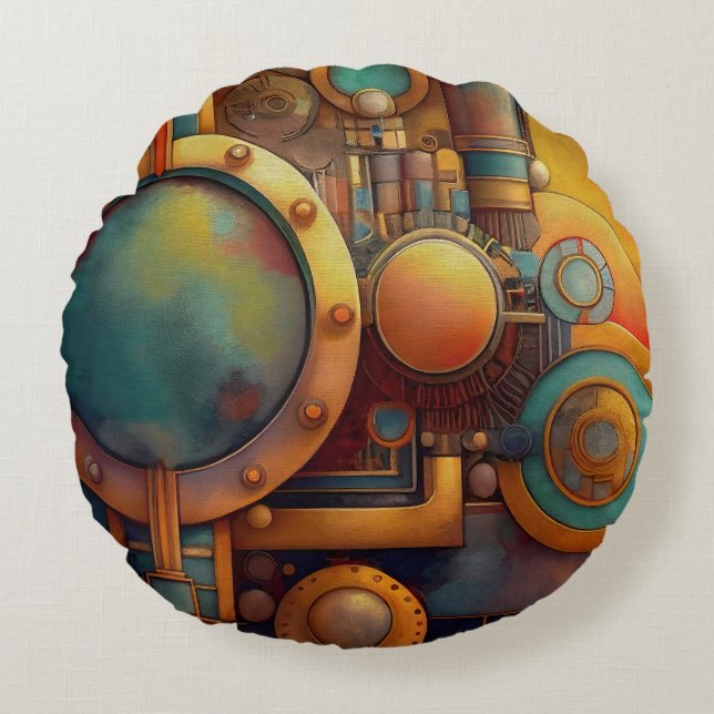 Steampunk Industrial Geometry Art Round Cushion (Front)