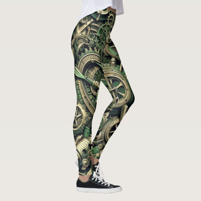 Steampunk Industrial Green Clockwork Gears Leggings (Right)