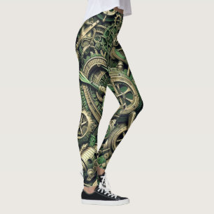 Steampunk Industrial Green Clockwork Gears Leggings