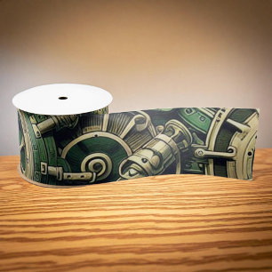 Steampunk Industrial Green Clockwork Gears Satin Ribbon