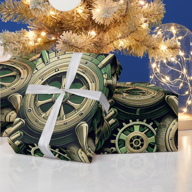 Steampunk Industrial Green Clockwork Gears Wrapping Paper (Holidays)