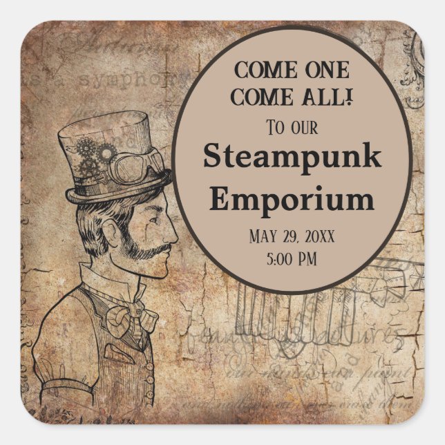 Steampunk Inventor Top Hat Personalised Event Square Sticker (Front)