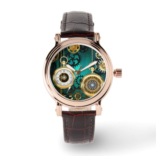Steampunk Jewellery Watch on a Green Background (Front)