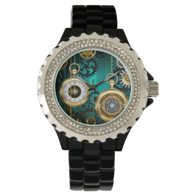 Steampunk Jewellery Watch on a Green Background (Front)