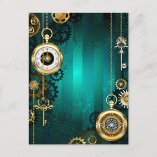Steampunk Jewellery Watch on a Green Background Announcement Postcard