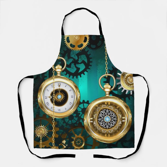 Steampunk Jewellery Watch on a Green Background Apron (Front)