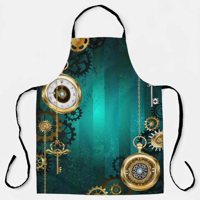 Steampunk Jewellery Watch on a Green Background Apron (Front)