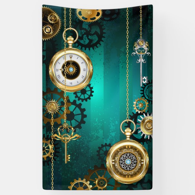 Steampunk Jewellery Watch on a Green Background Banner (Vertical)