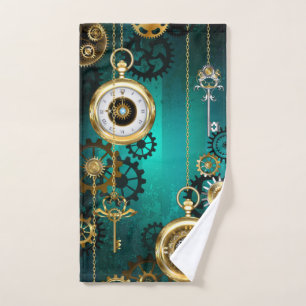 Steampunk Jewellery Watch on a Green Background Bath Towel Set
