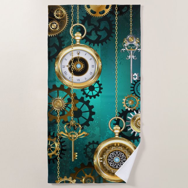 Steampunk Jewellery Watch on a Green Background Beach Towel (Front)