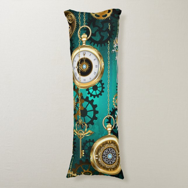 Steampunk Jewellery Watch on a Green Background Body Cushion (Front Vertical)