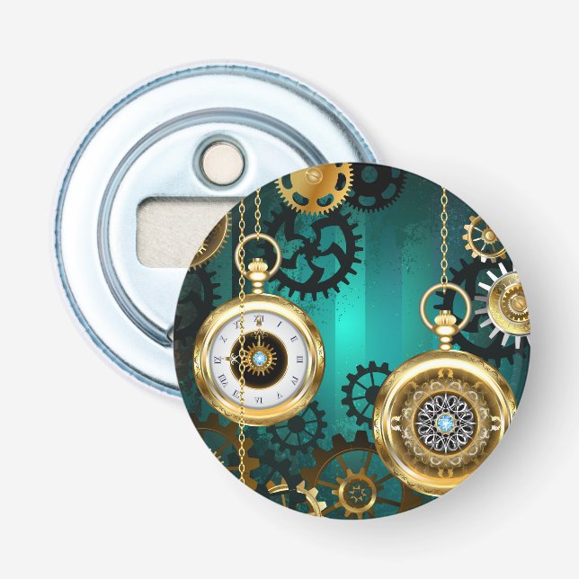 Steampunk Jewellery Watch on a Green Background Bottle Opener (Front)