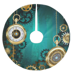 Steampunk Jewellery Watch on a Green Background Brushed Polyester Tree Skirt