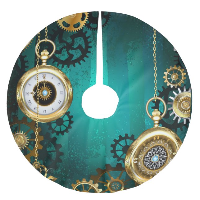 Steampunk Jewellery Watch on a Green Background Brushed Polyester Tree Skirt (Front)
