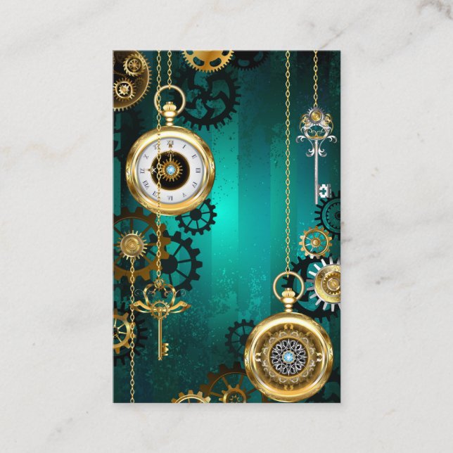 Steampunk Jewellery Watch on a Green Background Business Card (Front)
