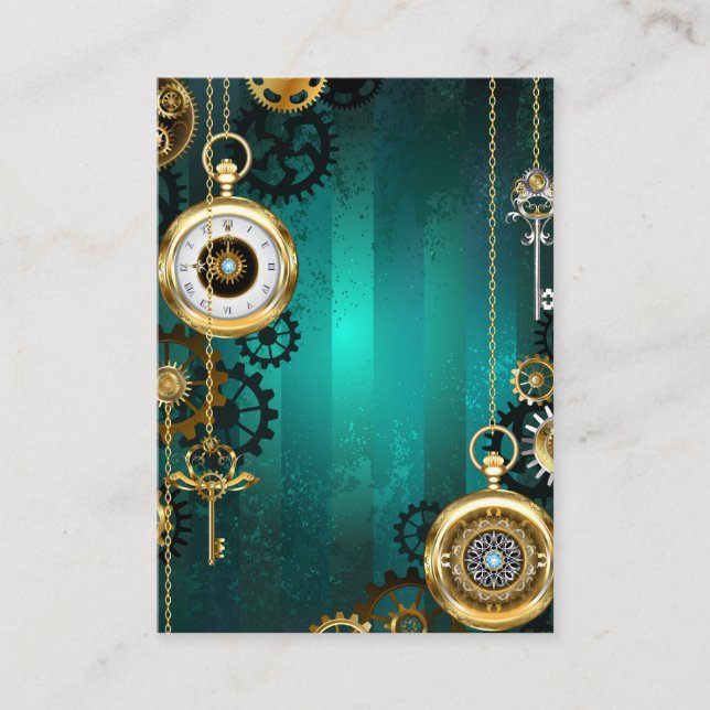 Steampunk Jewellery Watch on a Green Background Business Card (Front)