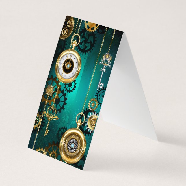 Steampunk Jewellery Watch on a Green Background Business Card (Back)