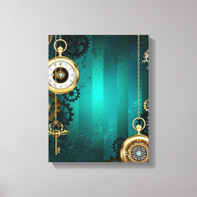 Steampunk Jewellery Watch on a Green Background Canvas Print (Front)