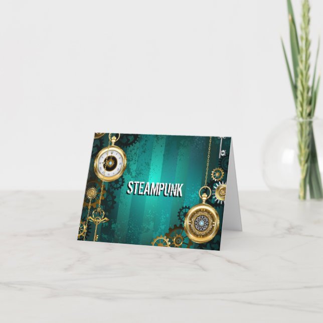 Steampunk Jewellery Watch on a Green Background Card (Front)