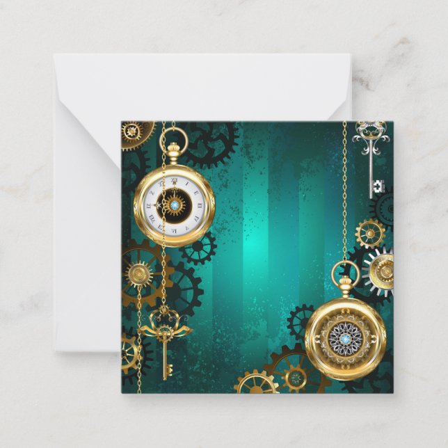 Steampunk Jewellery Watch on a Green Background Card (Front)