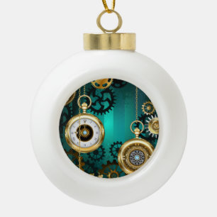 Steampunk Jewellery Watch on a Green Background Ceramic Ball Christmas Ornament