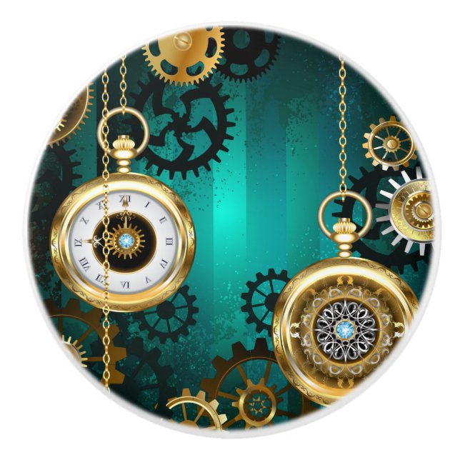 Steampunk Jewellery Watch on a Green Background Ceramic Knob (Front)